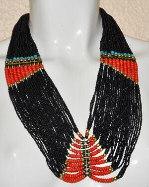 Antique Konyak Naga Tribal Heavy Red Black Blue Multi-strand Glass Bead Necklace